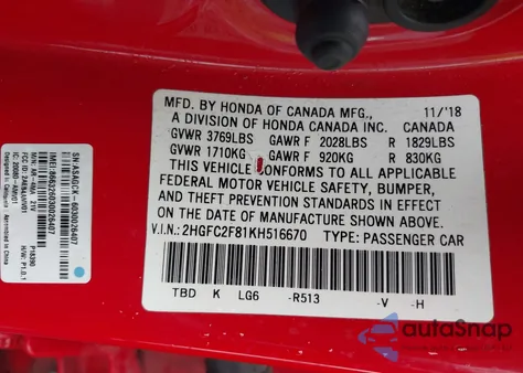 2019 Honda Civic Sport from USA, damaged, VIN 2HGFC2F81KH516670